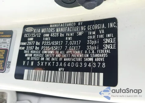 2013 Kia Sorento Lx z USA, uszkodzony, nr VIN 5XYKT3A64DG394378